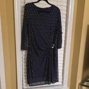 Ruched Blue and White Sheath Dress with Crew Neck